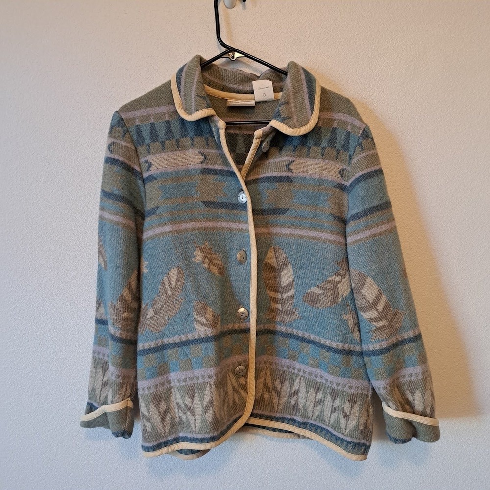 Coldwater Creek Southwestern Wool Blend Tapestry Jacket Blue Green Feather M